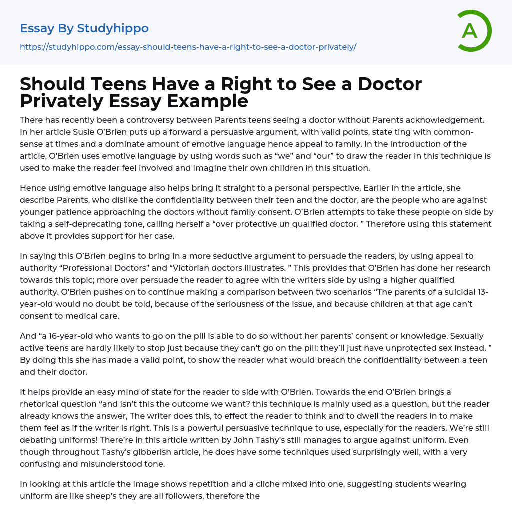 Should Teens Have a Right to See a Doctor Privately Essay Example