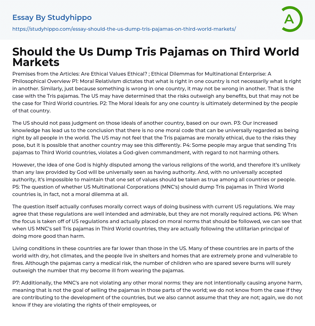 Should the Us Dump Tris Pajamas on Third World Markets Essay Example