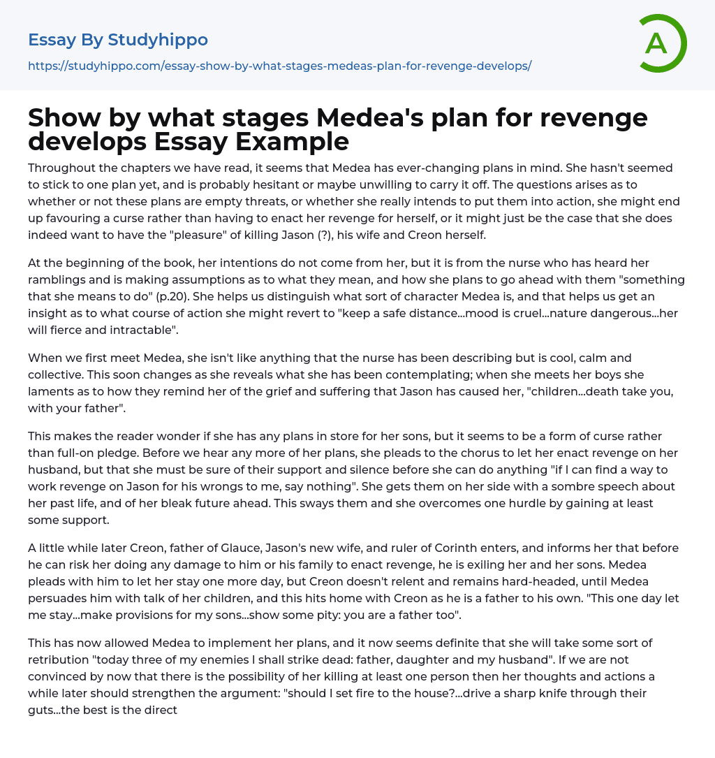 Show by what stages Medea’s plan for revenge develops Essay Example