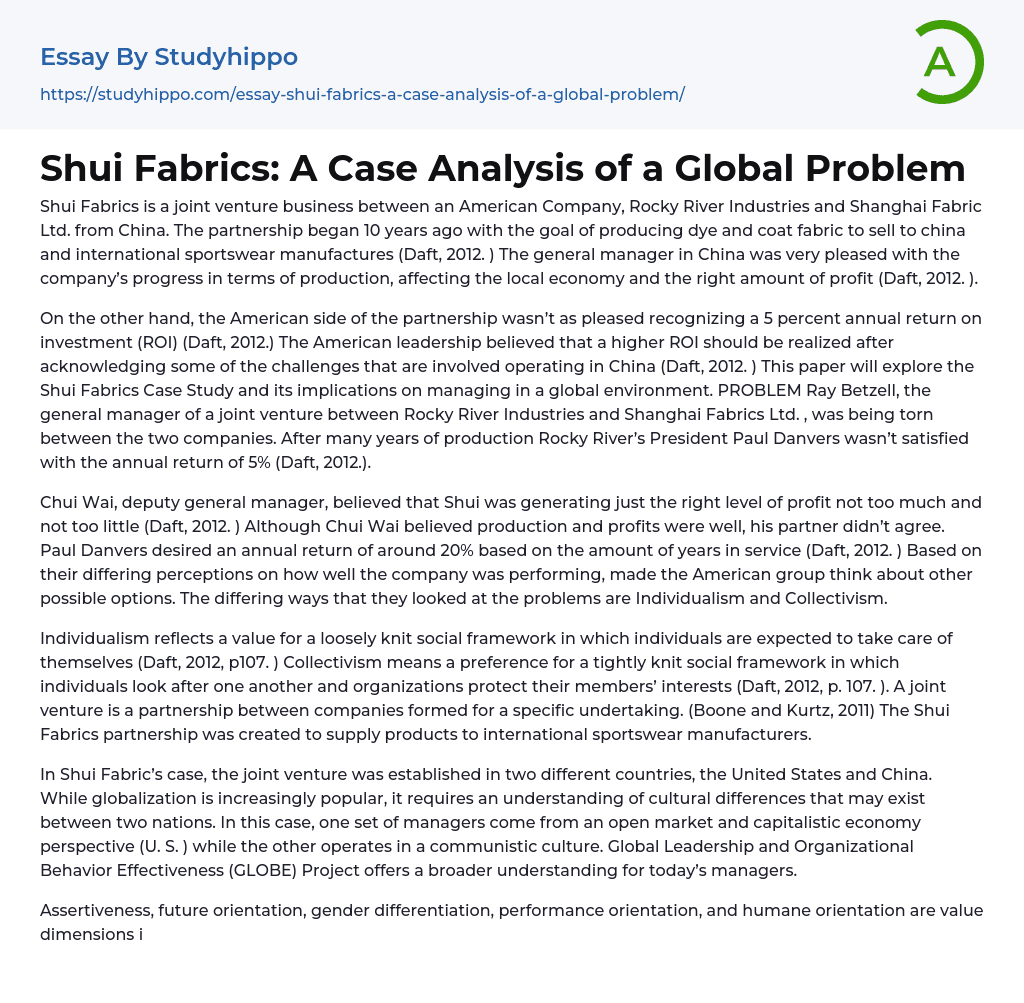 Shui Fabrics: A Case Analysis of a Global Problem Essay Example