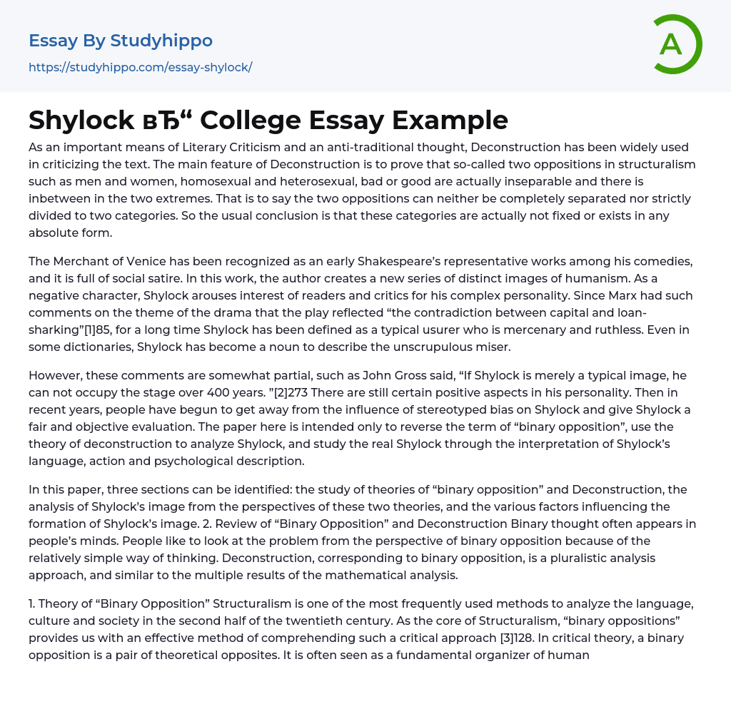 Shylock College Essay Example