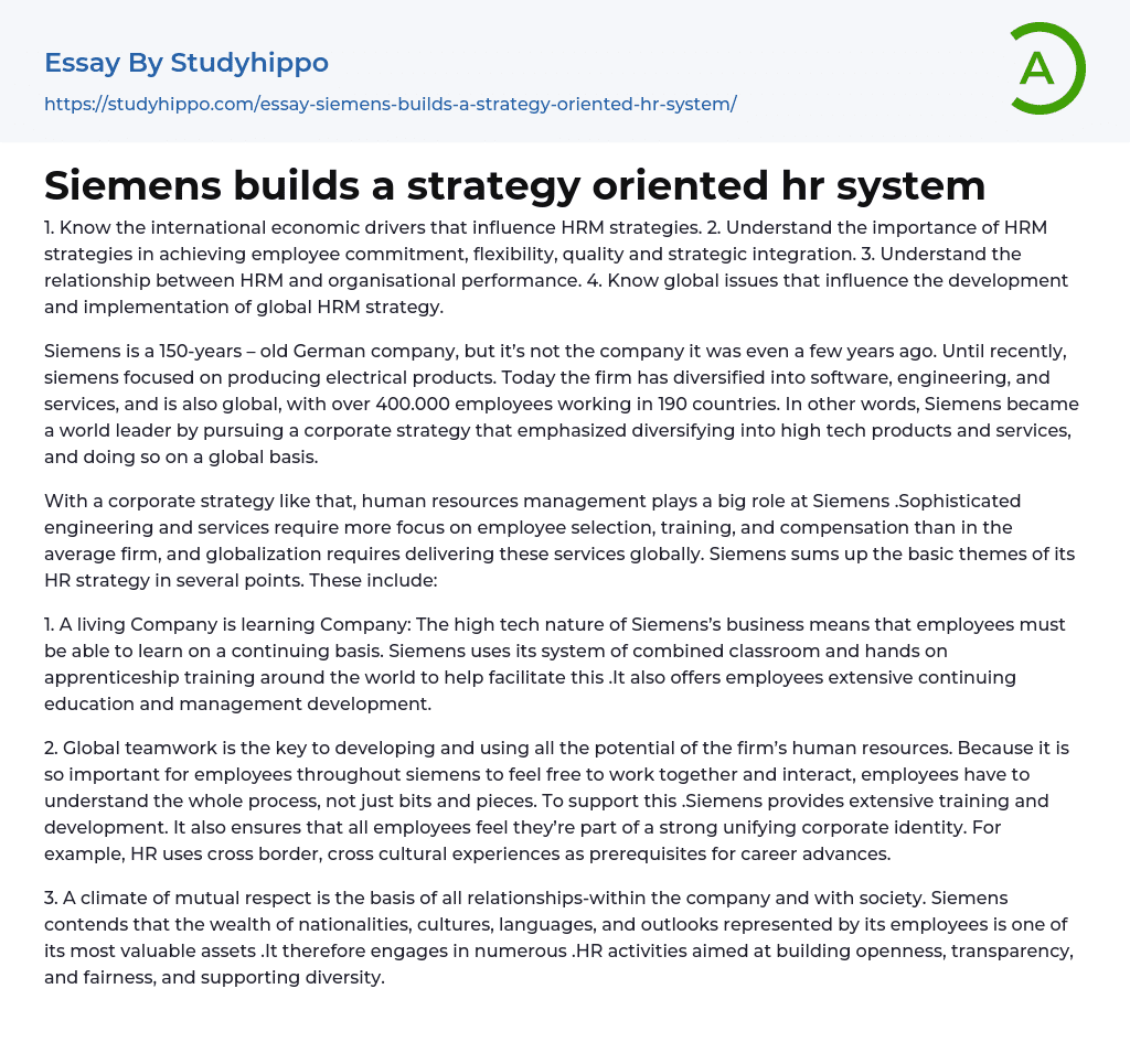 Siemens builds a strategy oriented hr system Essay Example