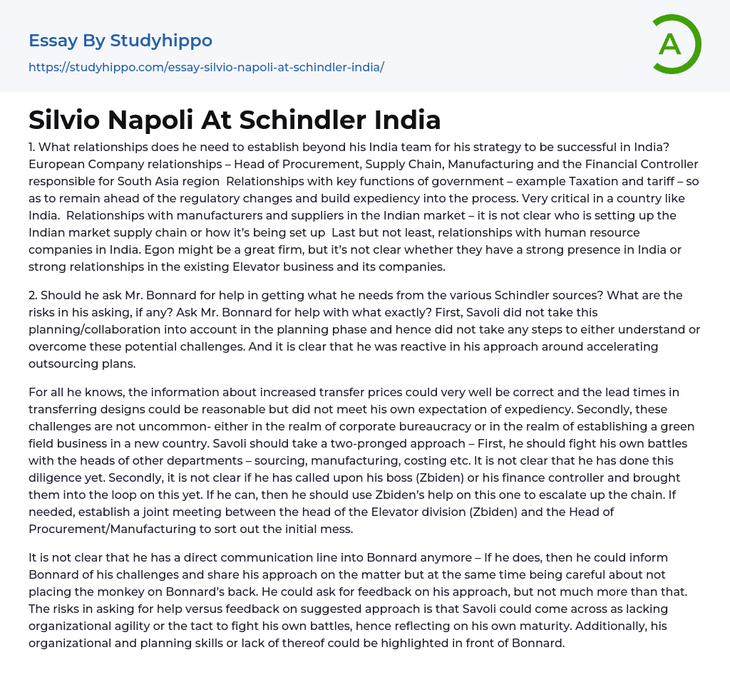 Silvio Napoli At Schindler India Essay Example