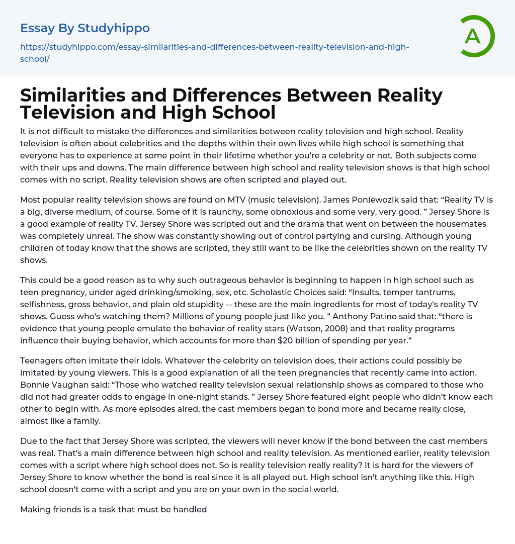 Similarities and Differences Between Reality Television and High School Essay Example
