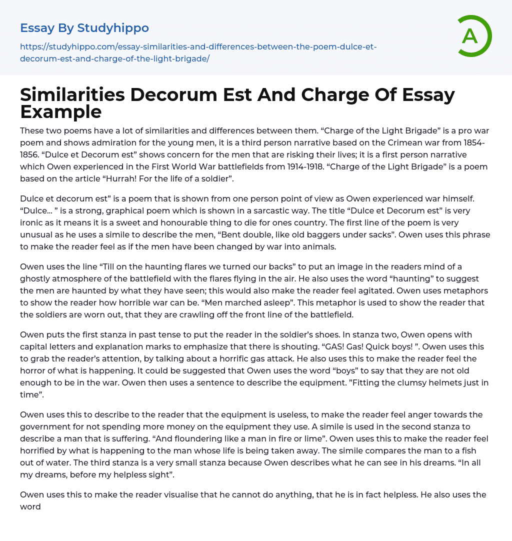 Similarities Decorum Est And Charge Of Essay Example