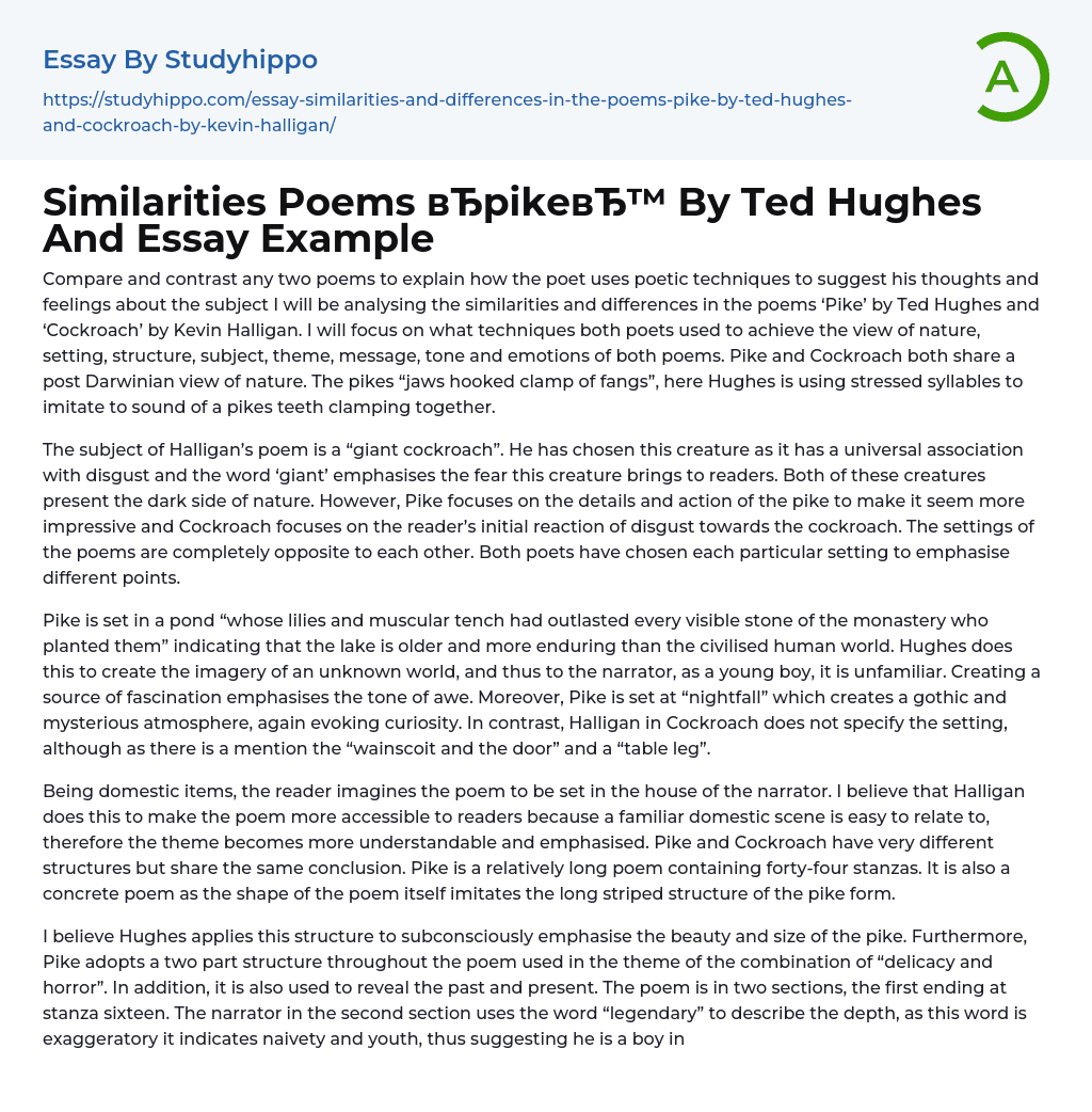 Similarities Poems “pike By Ted Hughes And Essay Example