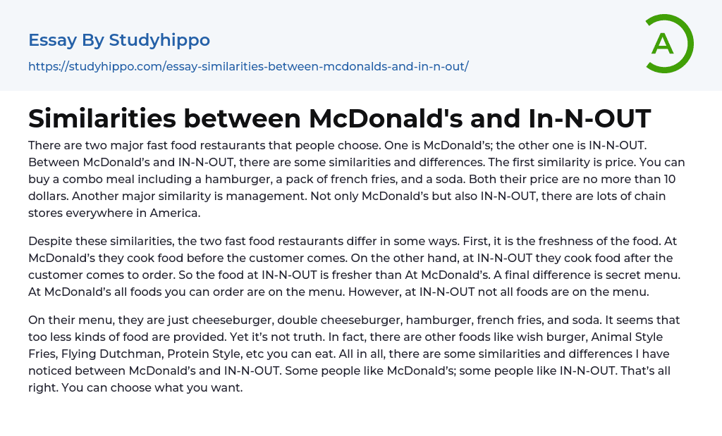 Similarities between McDonald’s and In-N-OUT Essay Example