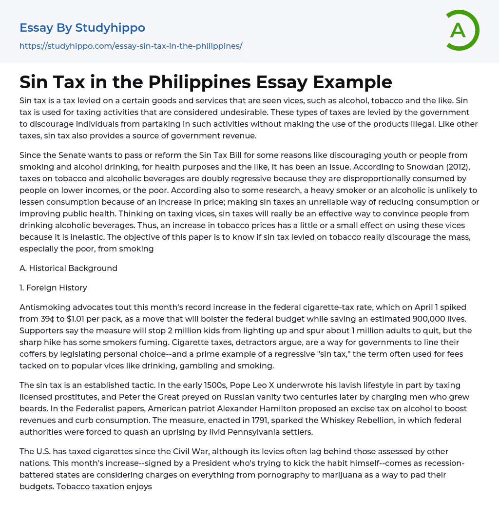 Sin Tax in the Philippines Essay Example