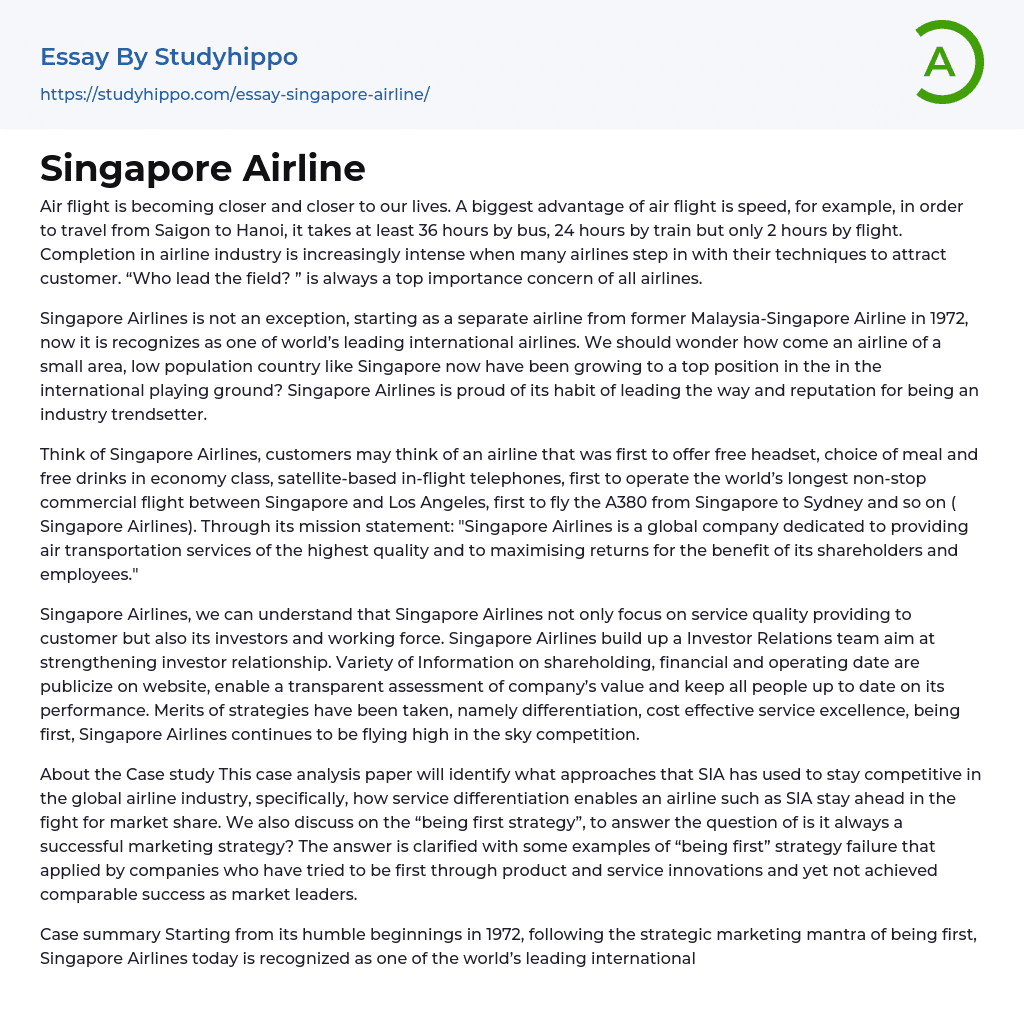 Singapore Airline Essay Example