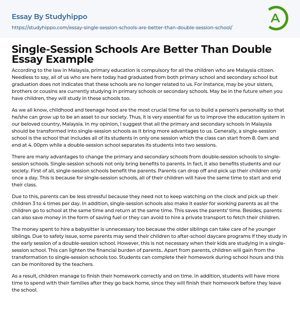 Single Session Schools Are Better Than Double Essay Example 