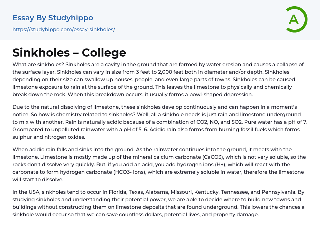 Sinkholes – College Essay Example