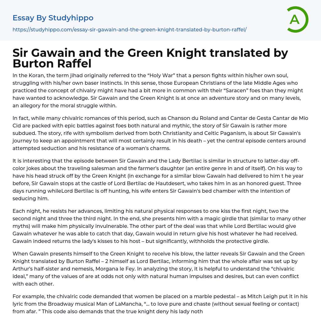 Sir Gawain and the Green Knight translated by Burton Raffel Essay Example