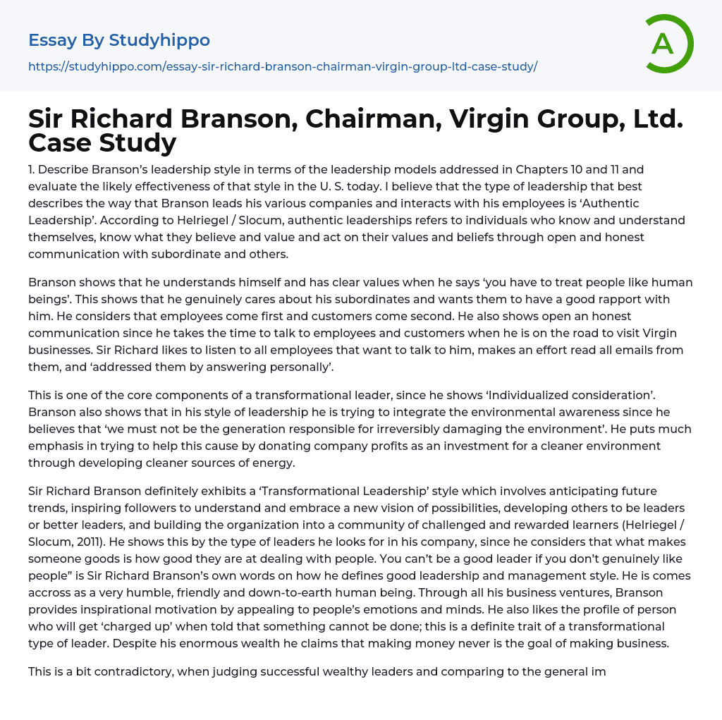 Sir Richard Branson, Chairman, Virgin Group, Ltd. Case Study Essay Example