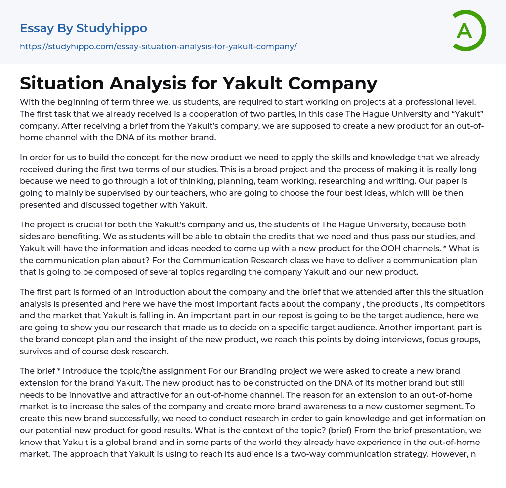 Situation Analysis for Yakult Company Essay Example