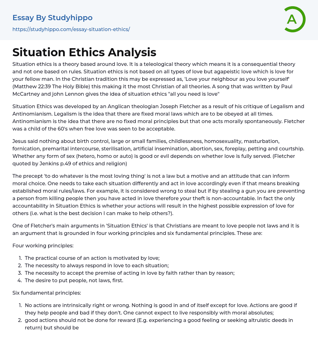 Situation Ethics Analysis Essay Example