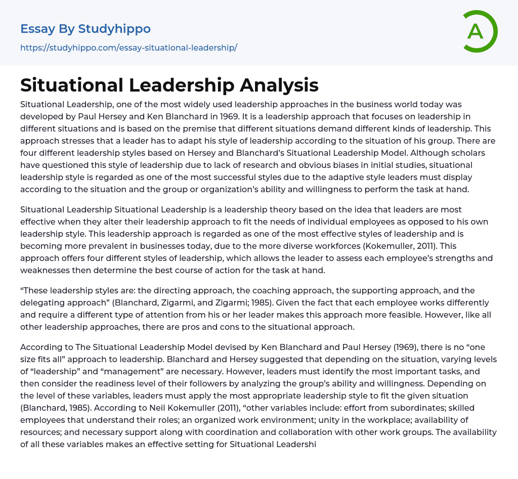 Situational Leadership Analysis Essay Example