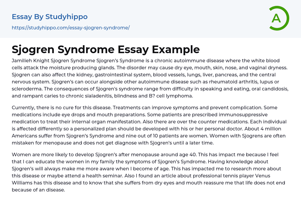 Sjogren Syndrome Essay Example