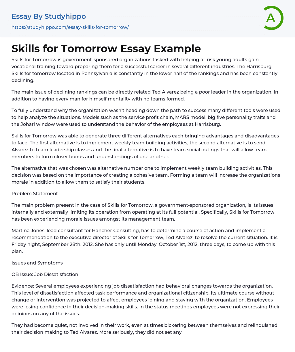 Skills for Tomorrow Essay Example