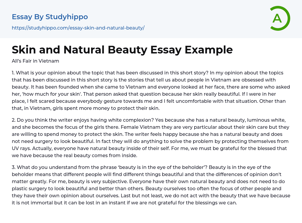 Skin and Natural Beauty Essay Example
