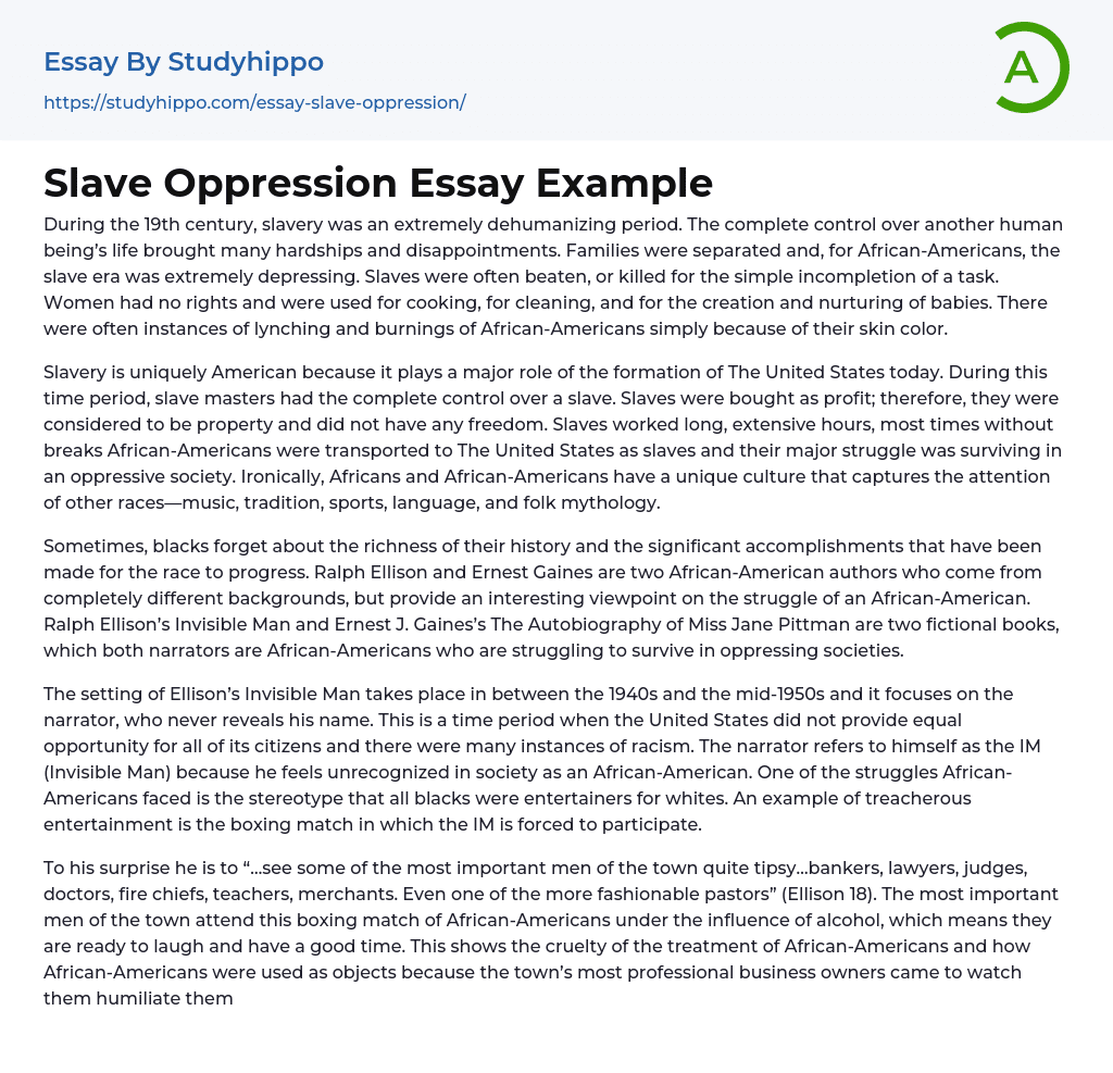 Slave Oppression Essay Example