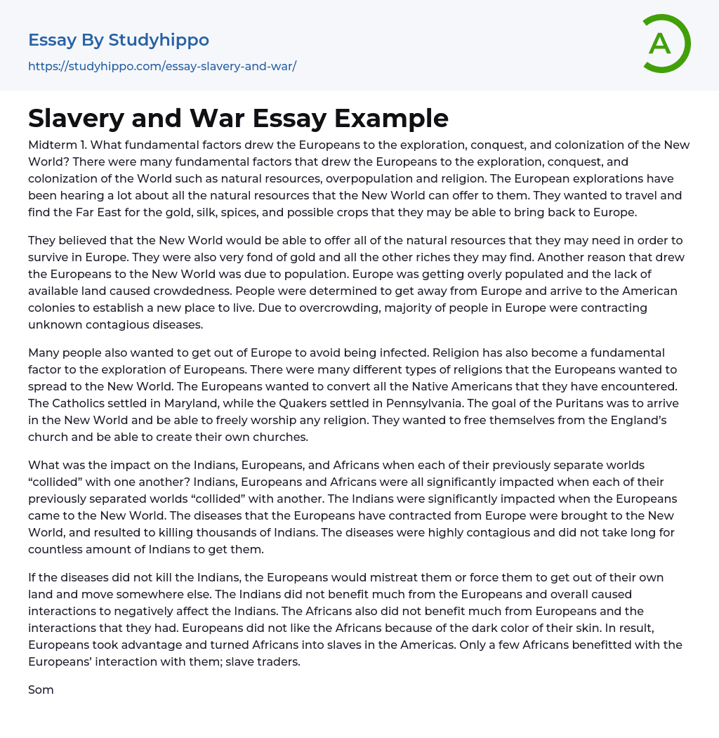 Slavery and War Essay Example