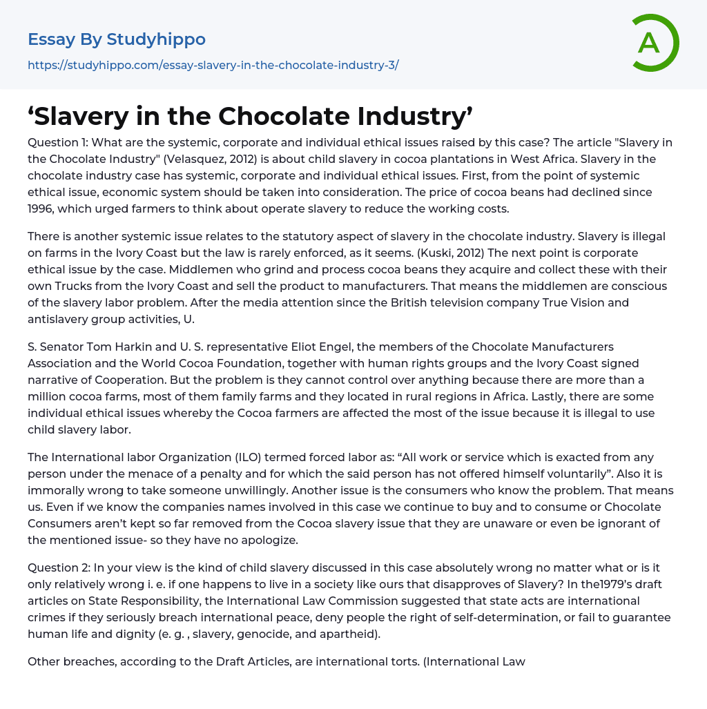 ‘Slavery in the Chocolate Industry’ Essay Example