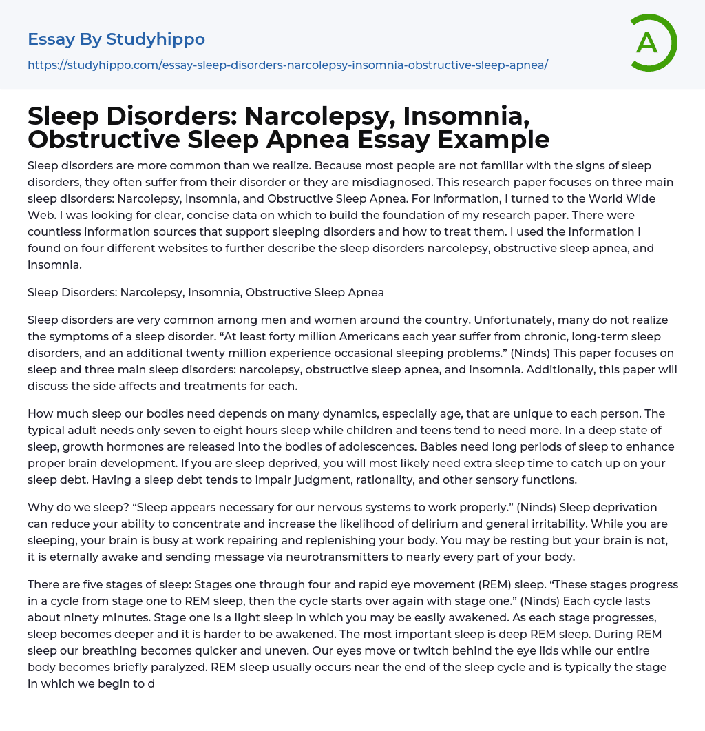 Sleep Disorders: Narcolepsy, Insomnia, Obstructive Sleep Apnea Essay Example