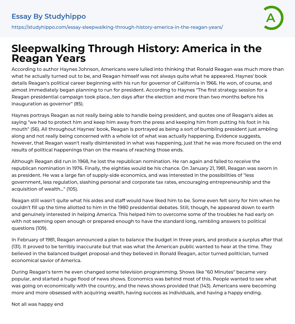 Sleepwalking Through History: America in the Reagan Years Essay Example