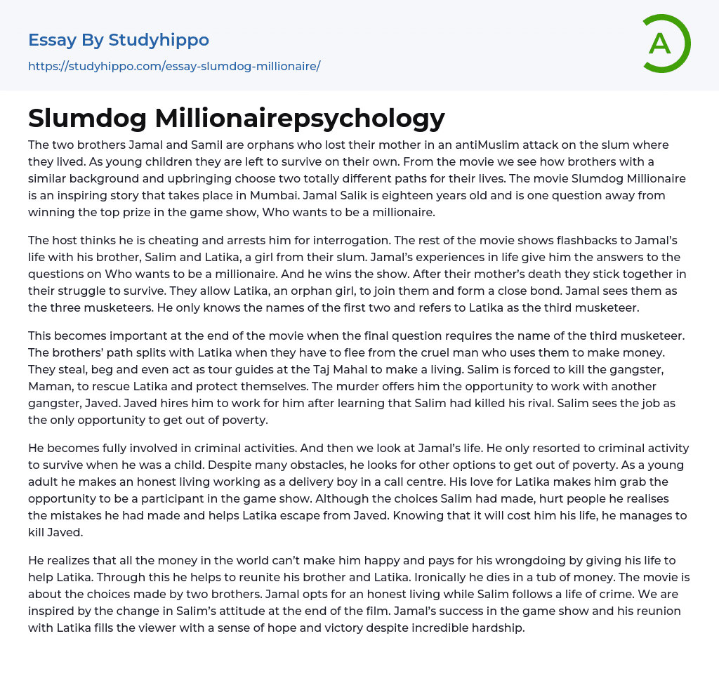 Slumdog Millionairepsychology Essay Example