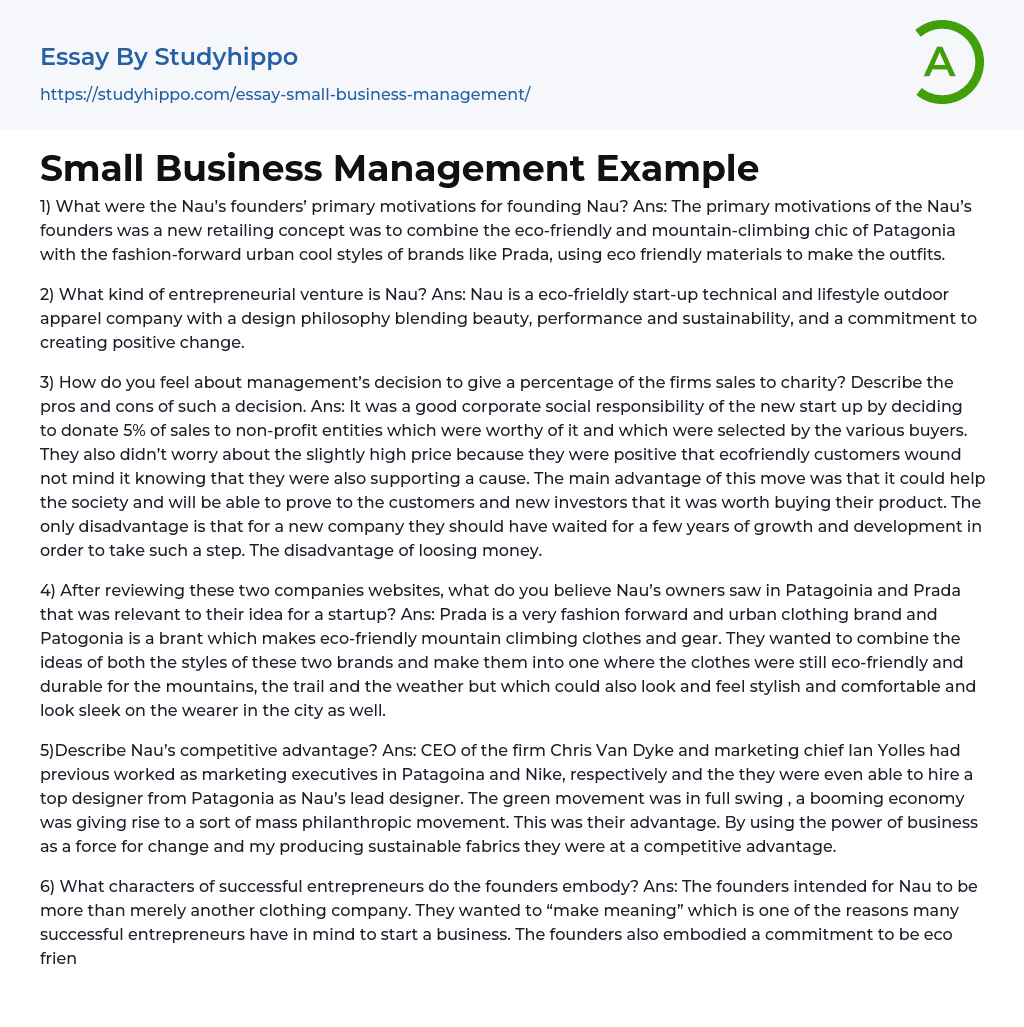 Small Business Management Example Essay Example