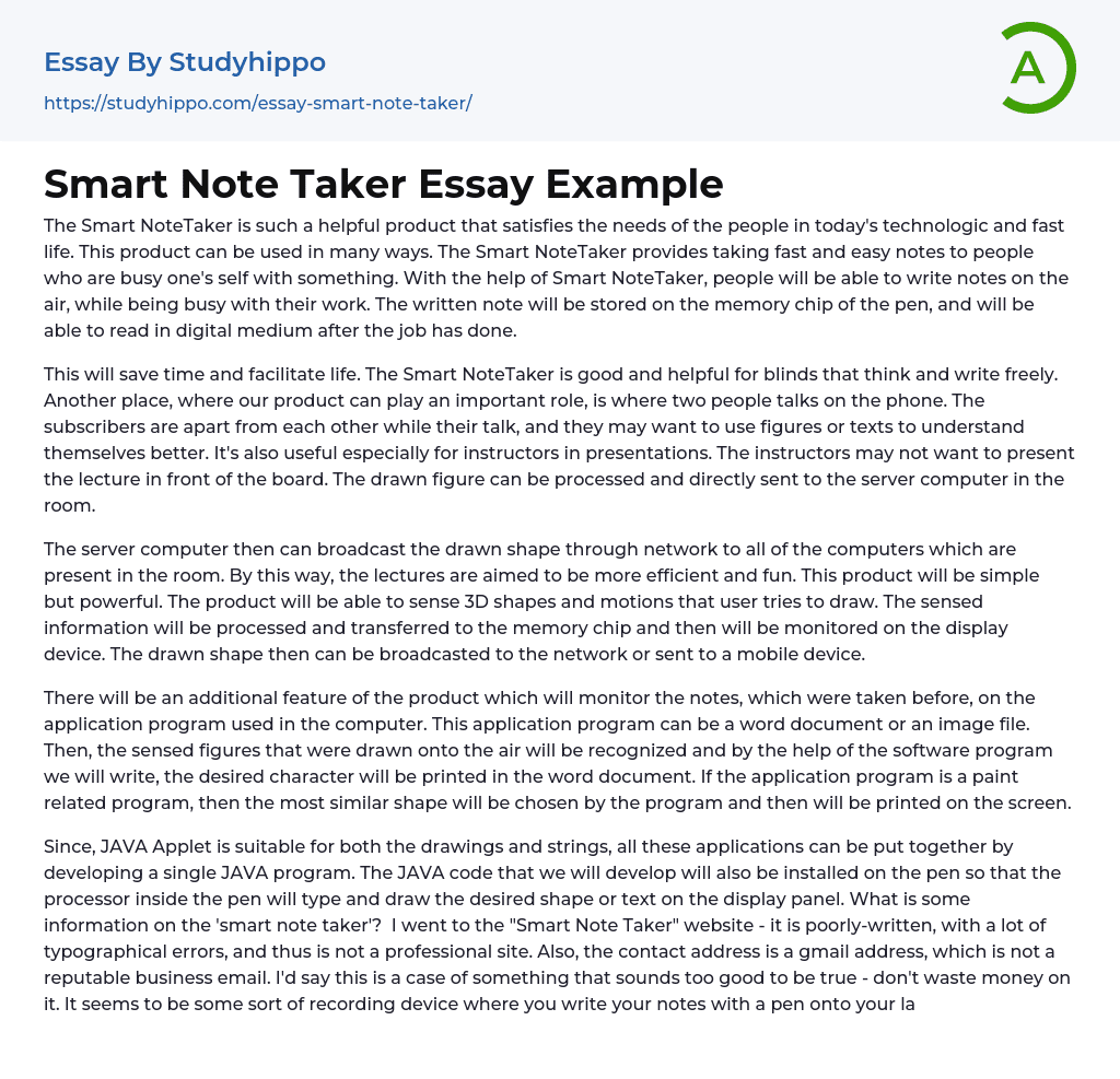 Smart Note Taker Essay Example