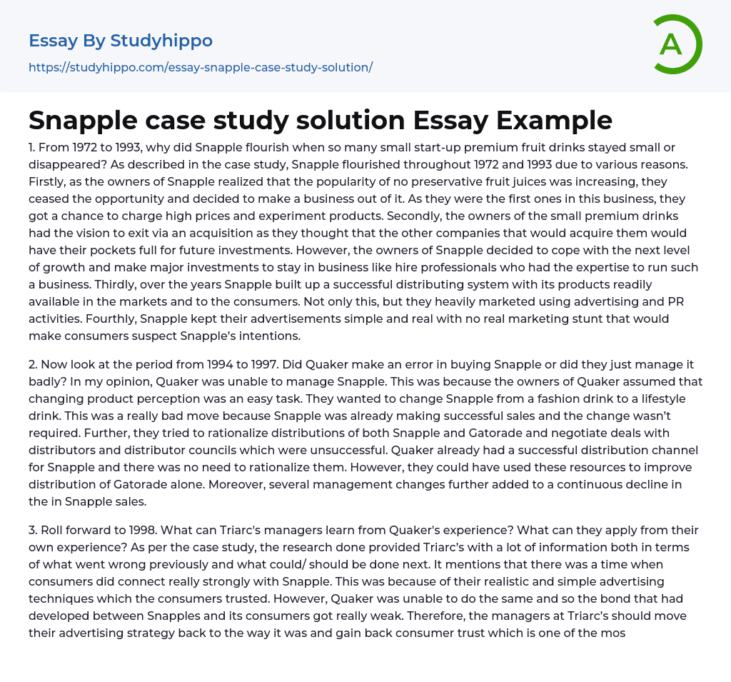 Snapple case study solution Essay Example