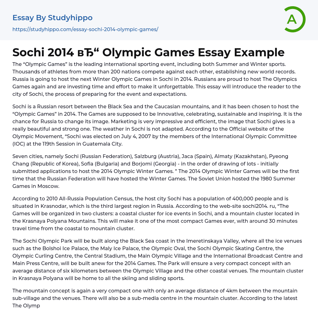 Sochi 2014 Olympic Games Essay Example
