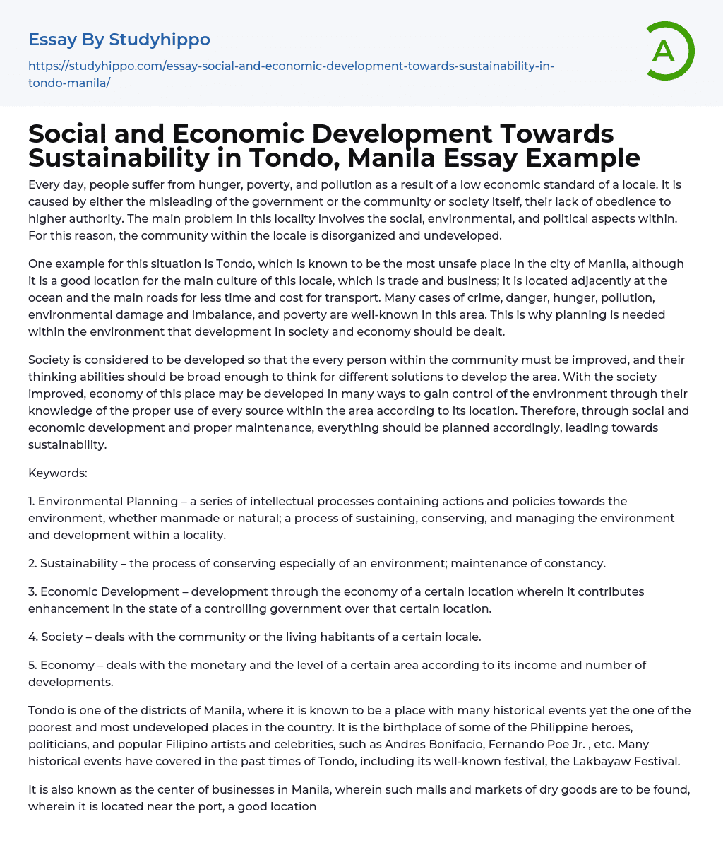 Social and Economic Development Towards Sustainability in Tondo, Manila Essay Example