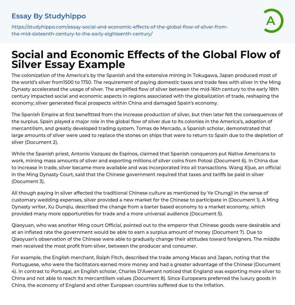 Social and Economic Effects of the Global Flow of Silver Essay Example