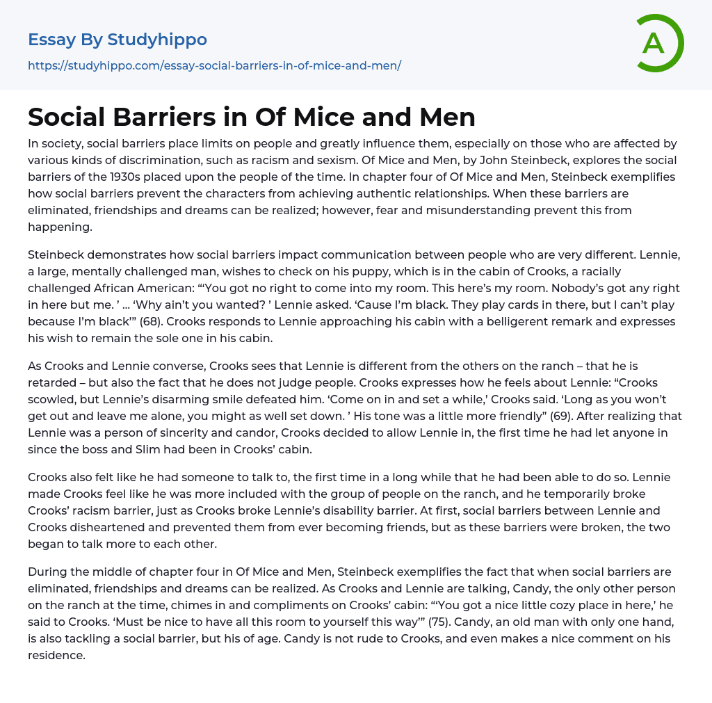 Social Barriers in Of Mice and Men Essay Example