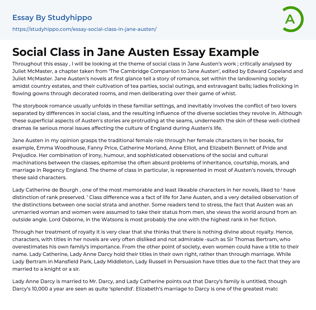 Social Class in Jane Austen Essay Example