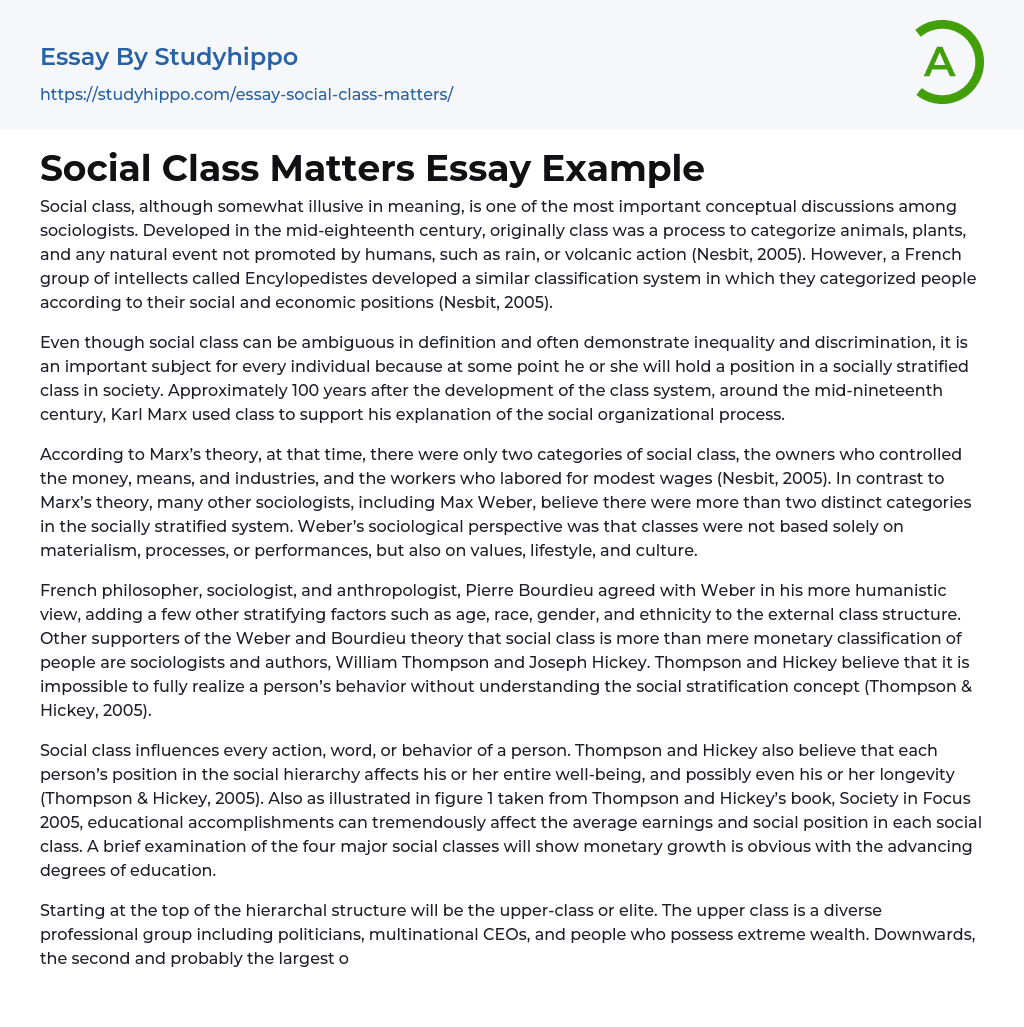 Social Class Matters Essay Example