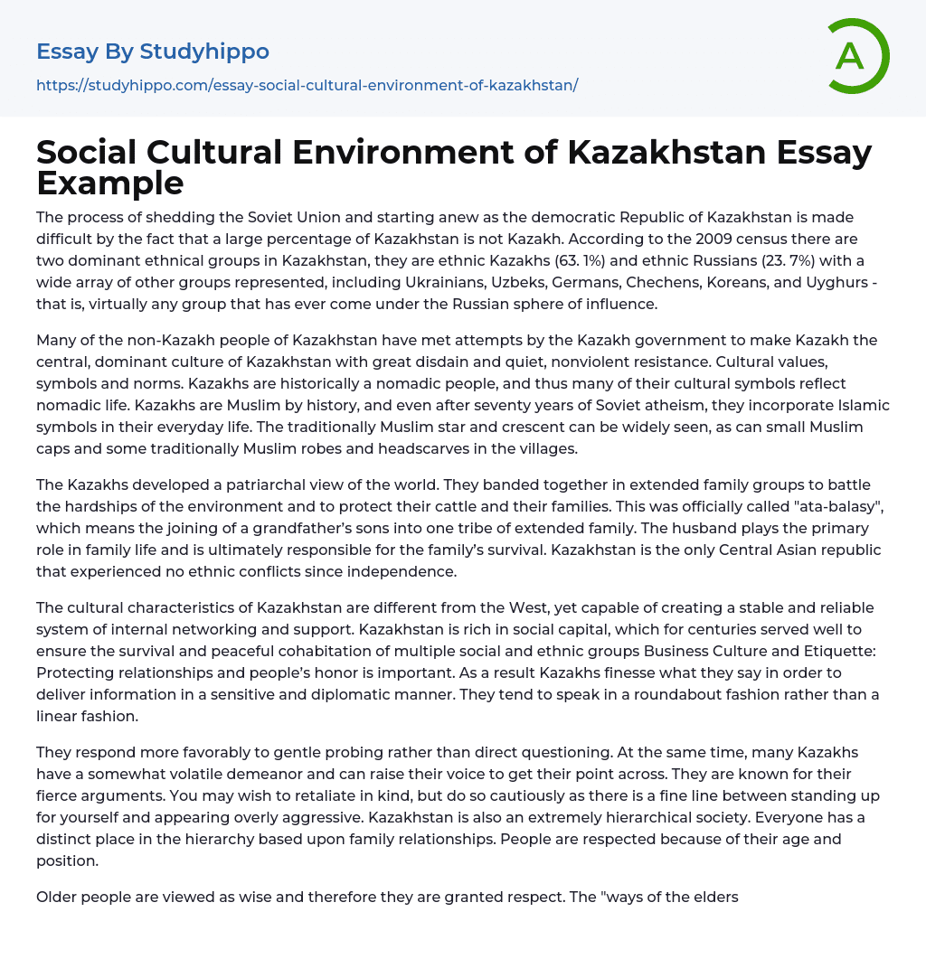 Social Cultural Environment of Kazakhstan Essay Example