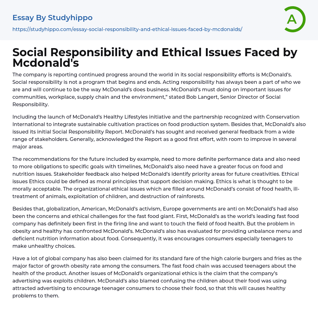 Social Responsibility and Ethical Issues Faced by Mcdonald’s Essay Example