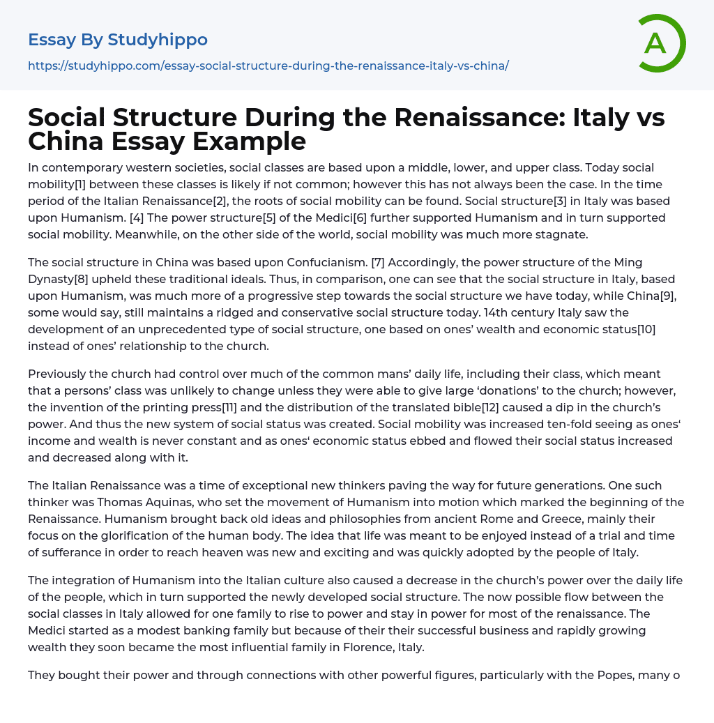 Social Structure During the Renaissance: Italy vs China Essay Example