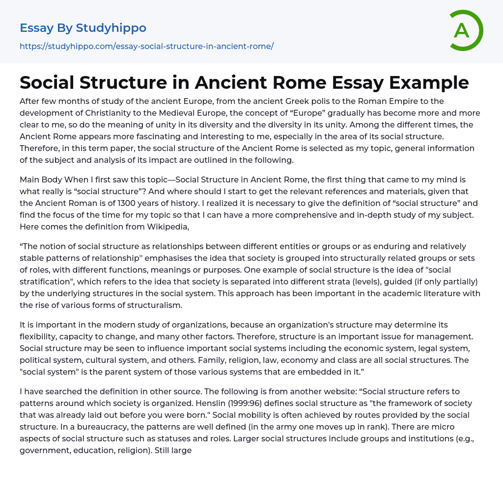 Social Structure in Ancient Rome Essay Example
