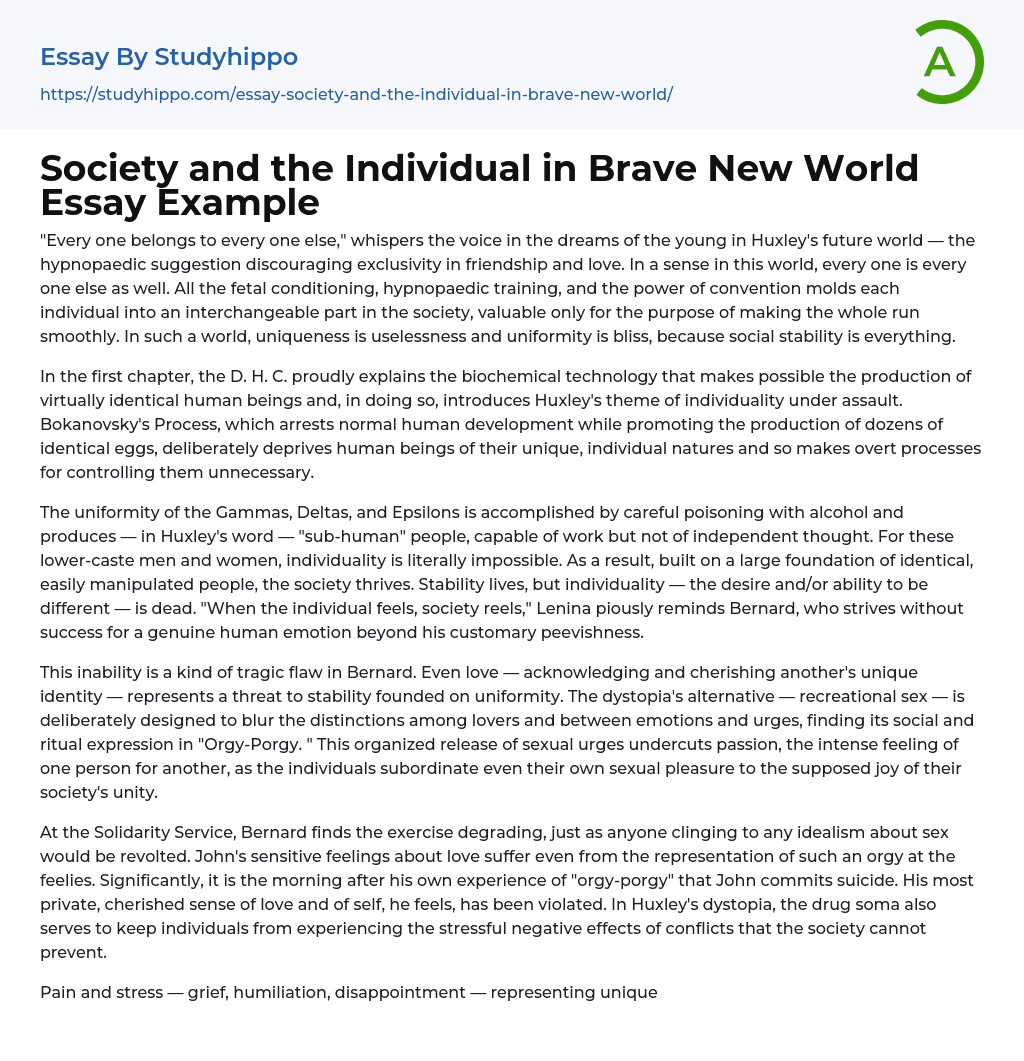 Society and the Individual in Brave New World Essay Example