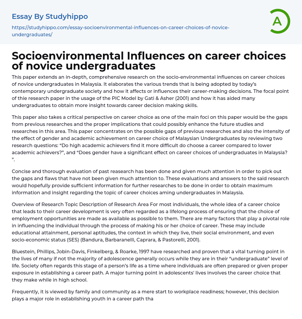 Socioenvironmental Influences on career choices of novice undergraduates Essay Example
