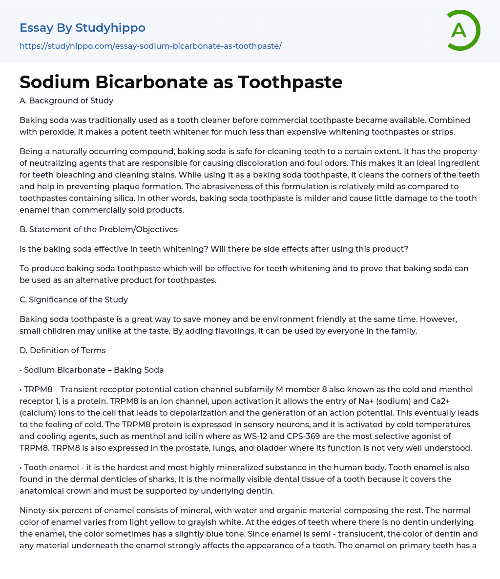 Sodium Bicarbonate as Toothpaste Essay Example