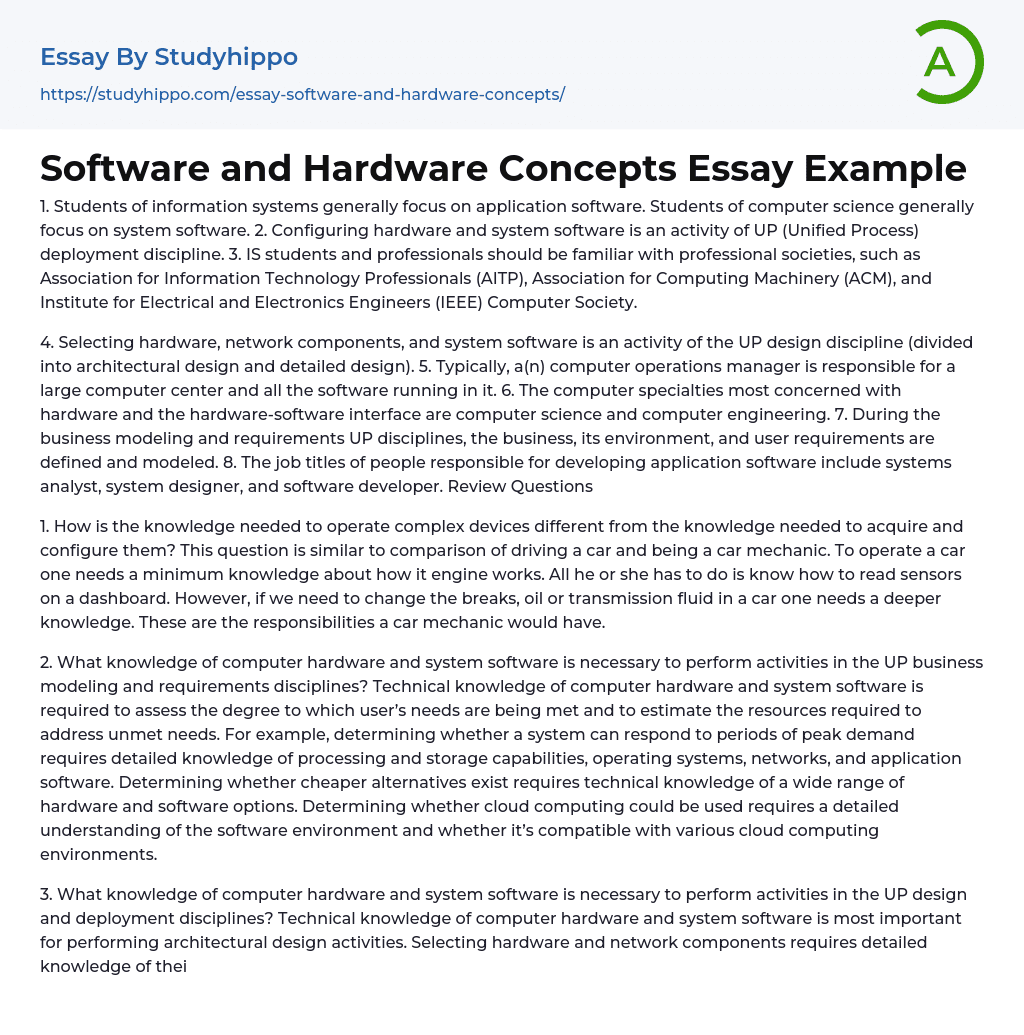 Software and Hardware Concepts Essay Example