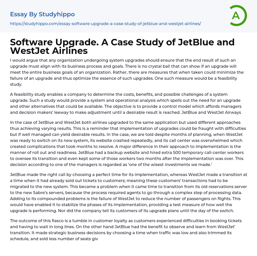 Software Upgrade. A Case Study of JetBlue and WestJet Airlines Essay Example
