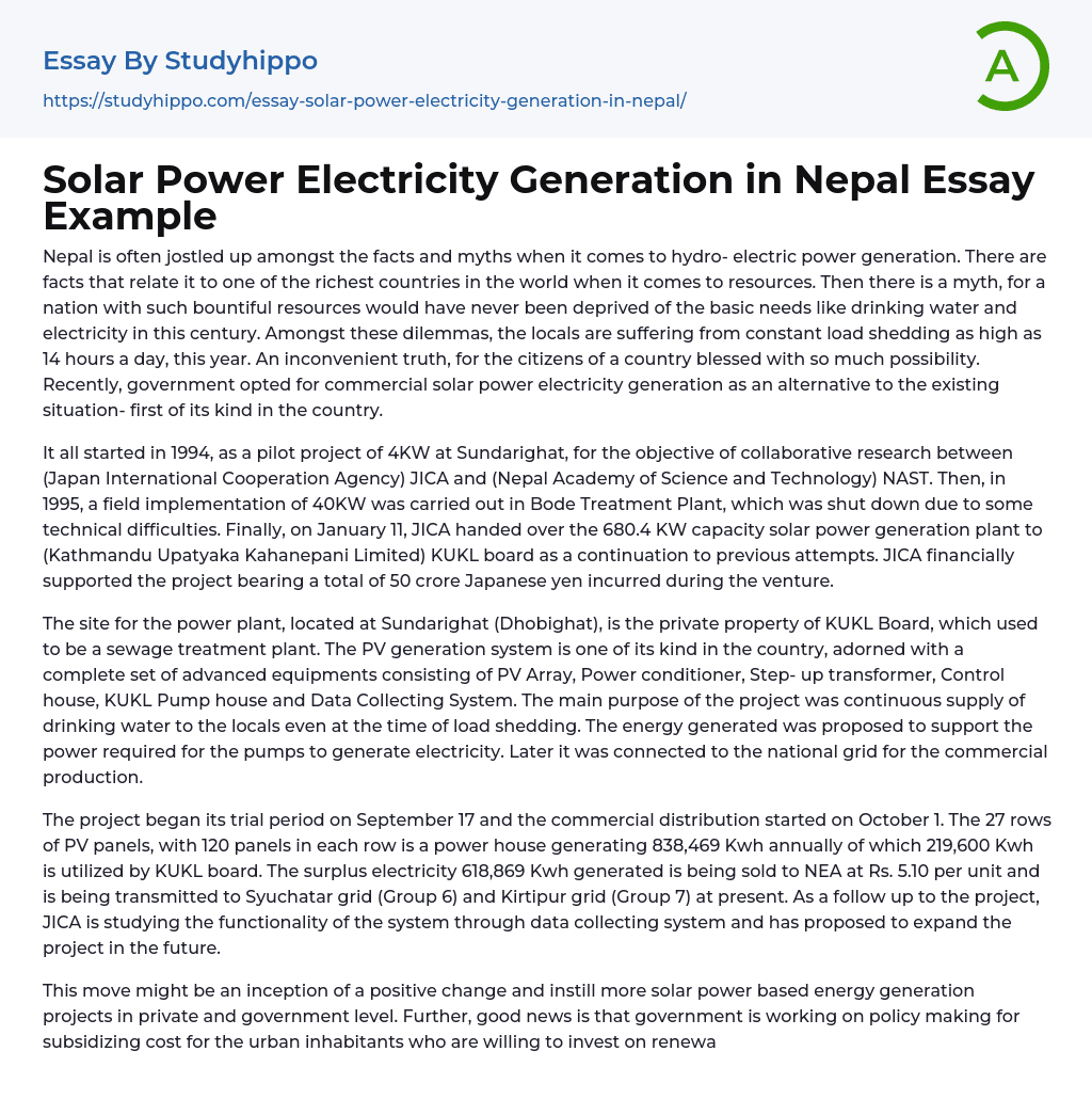 Solar Power Electricity Generation in Nepal Essay Example