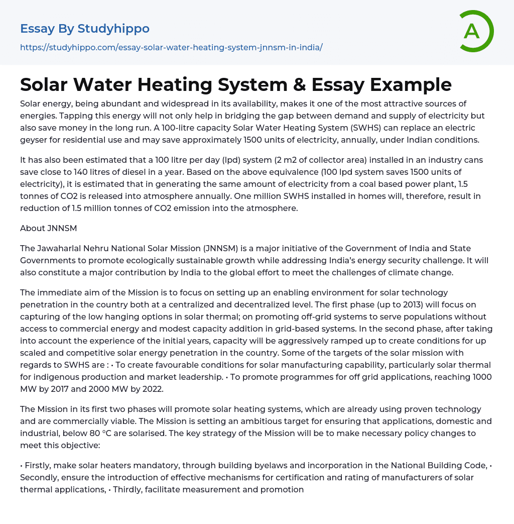 Solar Water Heating System &amp Essay Example
