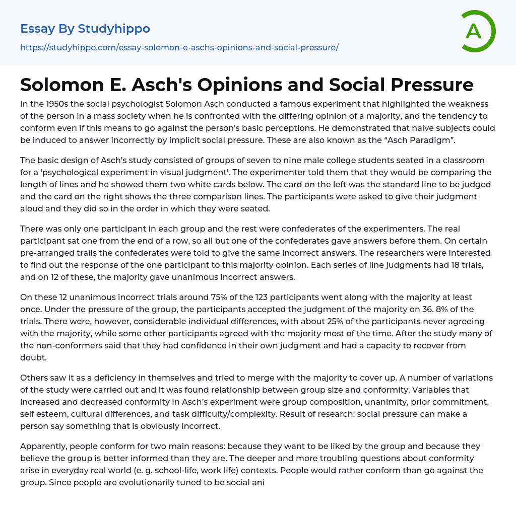 Solomon E. Asch’s Opinions and Social Pressure Essay Example